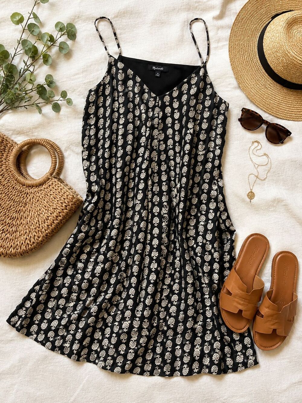 Madewell 100% Silk Black Floral Print Slip Dress Size M Pockets Midi